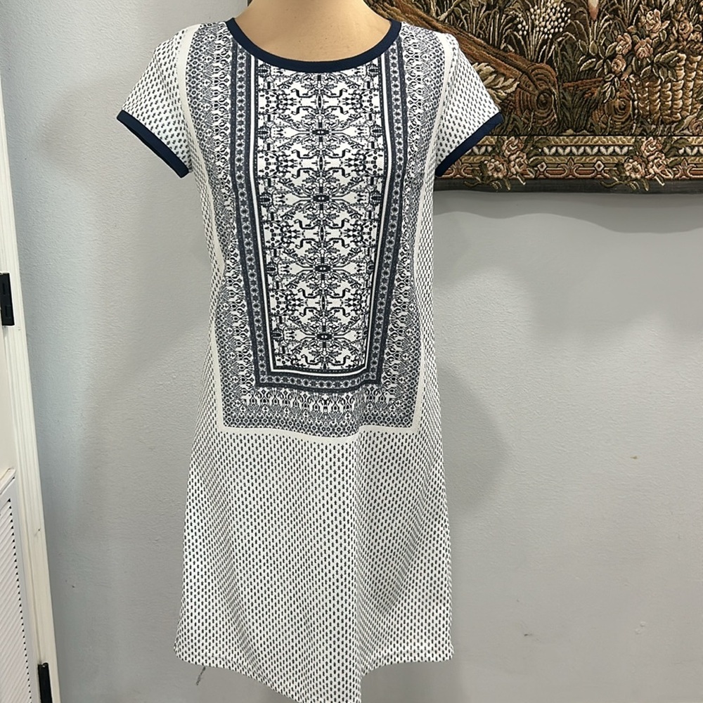 Cortefiel Short Sleeve Knit Mini. Beautiful Blue Print On Dress. Size UK6